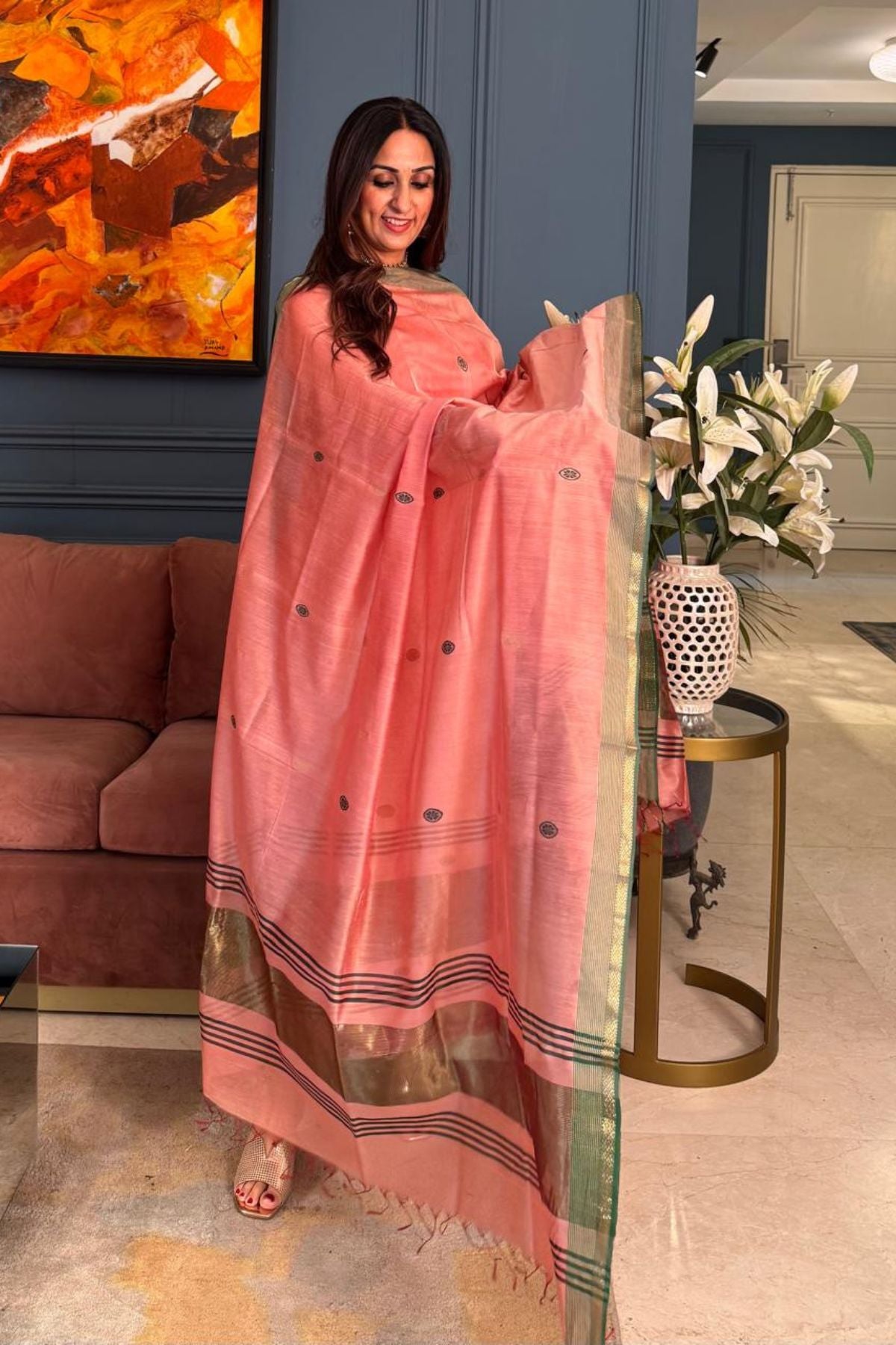 Handwoven Maheshwari silk kurta dupatta set